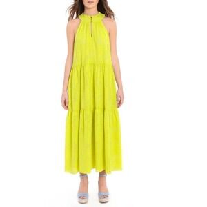 Donna Morgan NWT Yellow Green Halter Neck Burnout Chiffon Tiered Maxi Dress 10